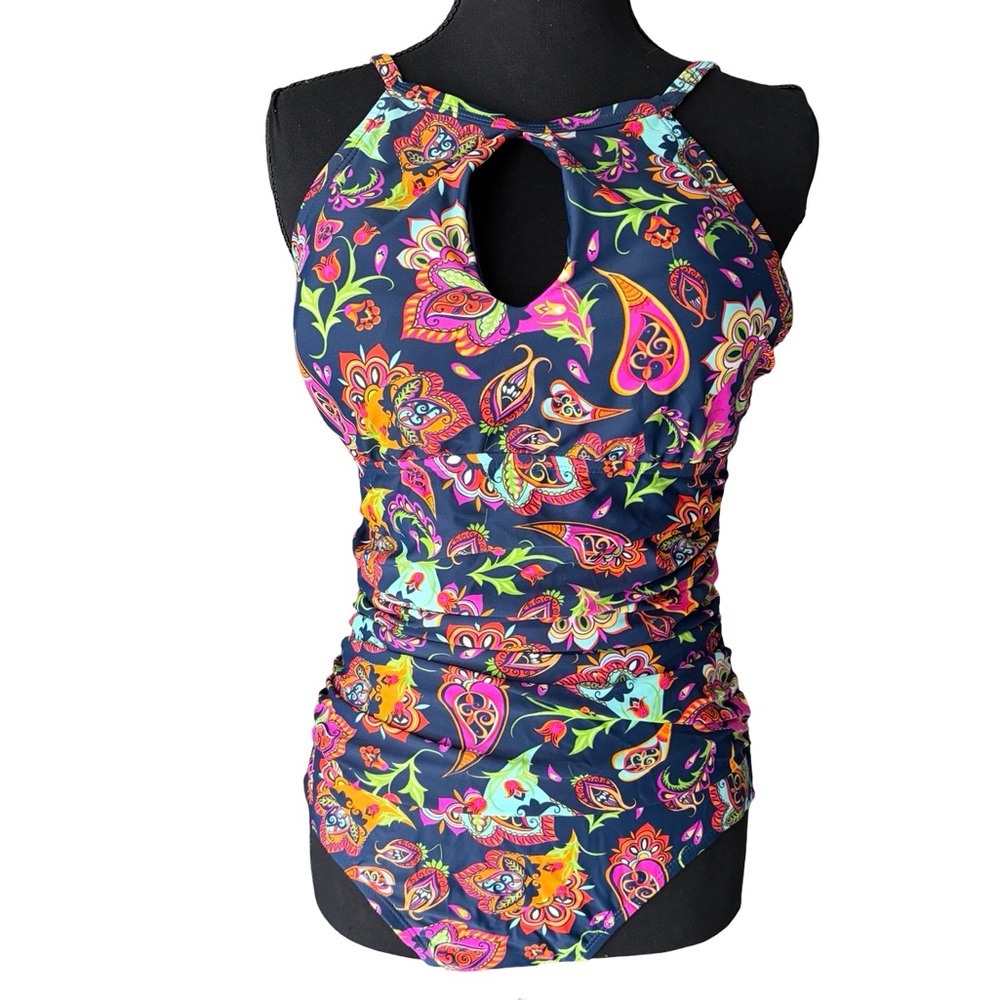 Ellen Tracy Navy Paisley One-Piece Swimsuit with Bright Multicolor Print